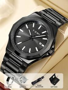 Conjunto de reloj de hombre a batería TOMI con gemelos y anillos, esfera de varilla sencilla, correa de aleación de zinc, reloj de cuarzo con caja de regalo, adecuado para uso diario, eventos de negocios, Día del Padre, regalos del Día de San Valentín - Multicolor - Ver 14