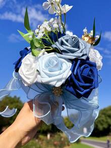 1pc Gorgeous Color Block Design Wedding Bouquet, Bride/Bridesmaid Handheld Flower, Roses With Ribbons & Lace Valentine's Day Accessories - White - View 16