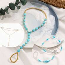 Sexy Lingerie Accessories Women's Pearl Anklet With Turquoise Beads - Toe Ring Connected Beach Foot Jewelry For Summer Party