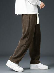 Men's Spring And Autumn Corduroy Straight Trousers, Spring And Autumn Style,  High Street Letter Label, Versatile, Casual, Loose, Wrinkle-Resistant, Drapey Straight Trousers For Men - 咖啡棕 - 查看 4