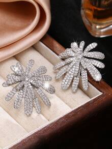 2 件大花耳钉女式奢华镀银锆石耳环新娘婚礼派对珠宝礼物送给女友妻子爱人 - Earrings - 查看 3