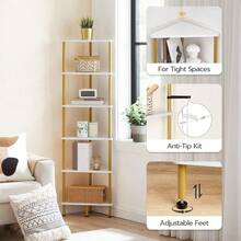 Estantería de esquina HOOBRO, estantería de pared industrial de 5 niveles con marco de metal, estantería para plantas, librería para espacios pequeños, dormitorio, sala de estar, blanco y dorado DW33CJ01 - Blanco + Oro - Ver 5