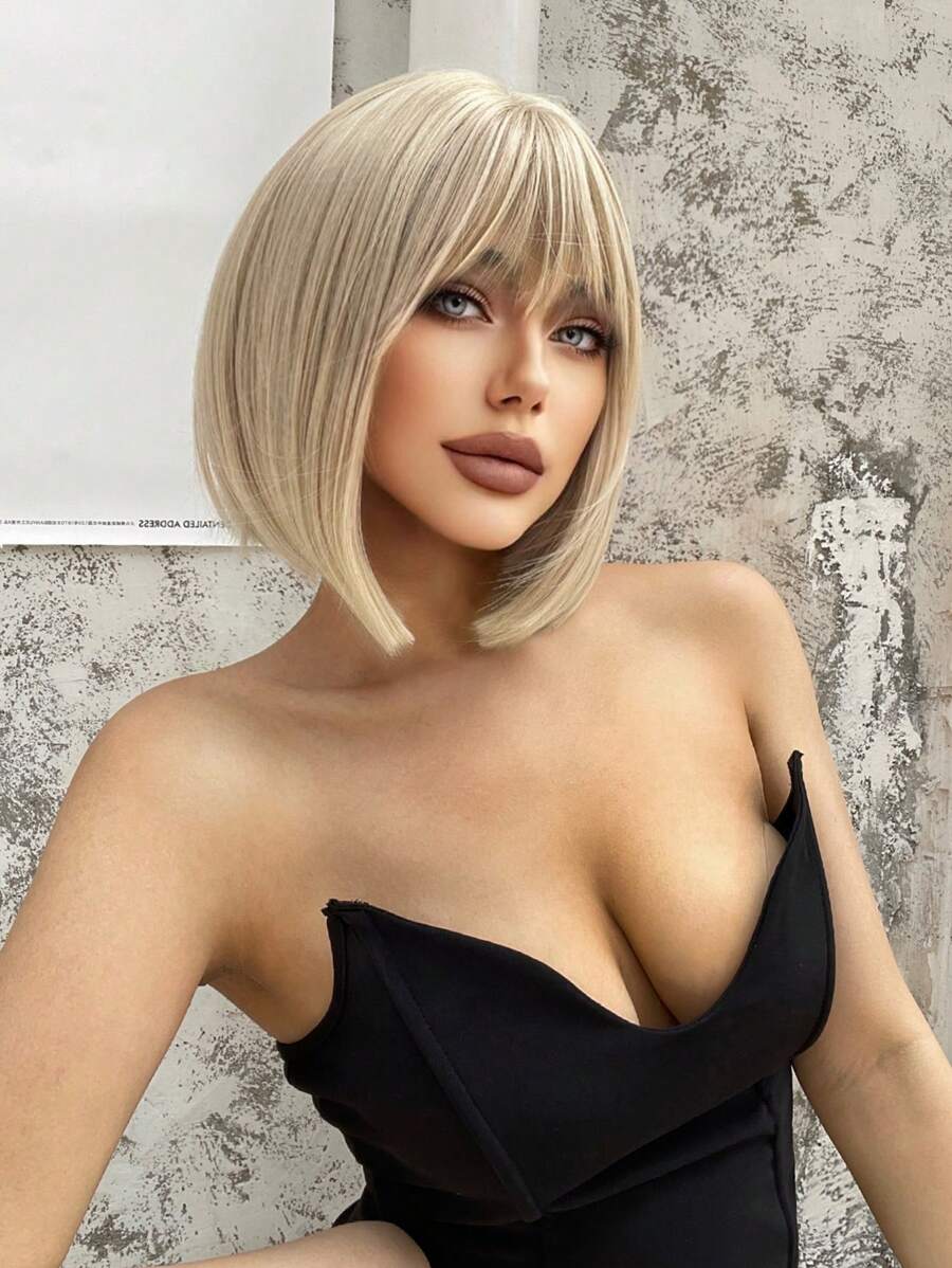 1 Synthetic Heat-Resistant Wig, White Gold Short Wig With Bangs, 10 Inches Long, Fully Machine Woven, Natural And Realistic Wig For Daily Use