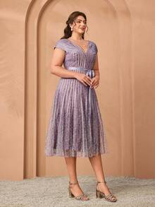 Mgiacv High-End Evening Gown With V-Neck, Airplane Sleeve, And Drawstring Flare Bottom Party - Dusty Pink - View 4