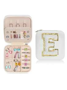 1pc Portable Travel Jewelry Box, Custom Lettered (A-Z) Organizer, Multi-Layer Jewelry Case With Mirror And Makeup Brush Holder, Suitable For Rings, Necklaces For Women Storage Organizer Travel Essentials Back To School Dormitory Storage