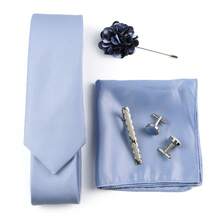ZONFAZ 5pcs/Set Men's Business Wedding Party Tie & Handkerchief & Cufflinks & Brooch & Tie Clip Combo - Blue - View 3