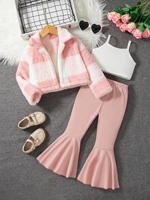 Ensemble jeune fille composé d'un Top à col en peluche à carreaux + un débardeur + un pantalon évasé de couleur unie - Rose bonbon - Voir 1