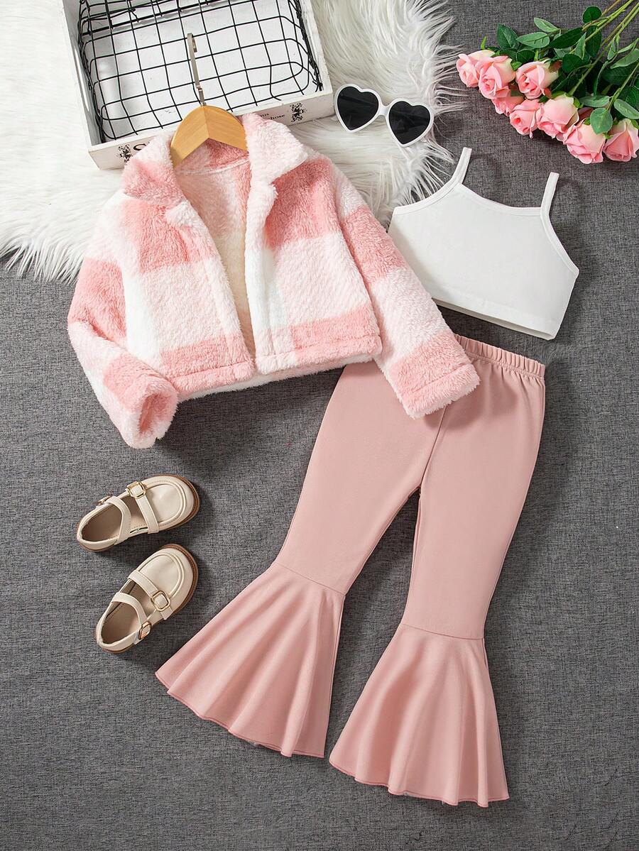 Ensemble jeune fille composé d'un Top à col en peluche à carreaux + un débardeur + un pantalon évasé de couleur unie - Rose bonbon - Voir 1