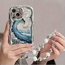 Creative Wave Pattern Electroplated Hand Strap Mobile Phone Case With Bead Bracelet Lanyard Easy To Carry And Anti-Drop For IPhone 11 12 13 14 15 16 X XS Pro Max Plus Cellphone Protective Shell - Bạc - Xem 3