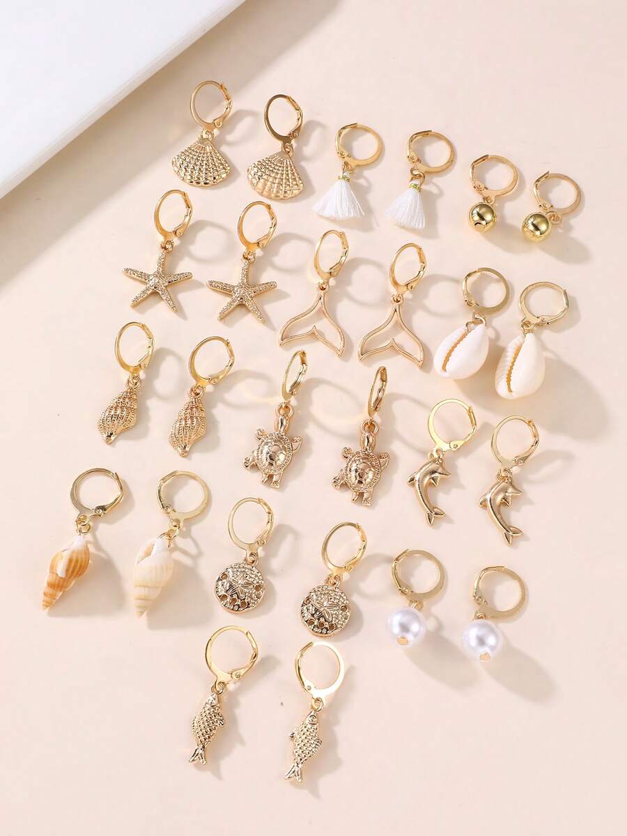 26 piezas Conjunto de aretes para niñas con estrellas de mar, conchas marinas y perlas - Dorado - Ver 1