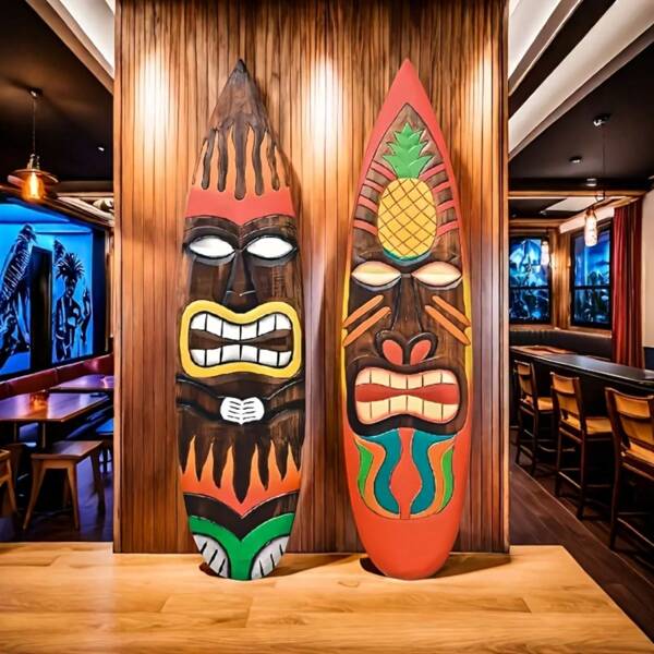 2 Stücke Tiki Ananas & Feuer 2D Außendekoration Set - Lebendige tropische Holzschilder für Hawaiianische Luau Party, Strandbar Dekoration - Farbenfrohe Aloha Thema Dekorationen für Margarita Nacht, Kaltes Bier, Martini Thema