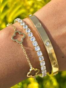 3 件不锈钢钉子和四叶草手链礼品套装，适合女性日常佩戴、圣诞节礼物、节日礼物 - SGS217 - 查看 3