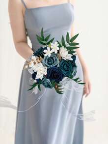 1pc Gorgeous Color Block Design Wedding Bouquet, Bride/Bridesmaid Handheld Flower, Roses With Ribbons & Lace Valentine's Day Accessories - White - View 9