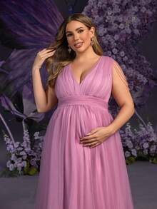 Faeriesty Vestido de maternidad de talla grande Dressalisa con escote en V sin mangas y detalles de hombros con cuentas - Falda de tul sobredimensionada lujosa para bodas, fiestas y eventos glamorosos de primavera/verano (Diseño de maternidad elegante y sofisticado, silueta favorecedora) - Púrpura malva - Ver 6