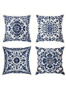 1/4pcs Bohemian Blue And White Floral Throw Pillow Covers, Modern Style, Polyester Single Side Print, Zipper Closure, Machine Washable, Polyester Decorative Cushion Cover, Suitable For Living Room, Bedroom, Sofa, (Pillow Core Not Included),Fall Decor,Autumn Decor,Room Decor - Blue - View 7