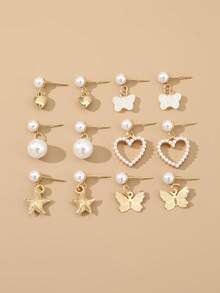 12pcs/Set Girls' Heart, Butterfly, Pentagram & Pearl Earring Jewelry Set - Multicolor - View 4