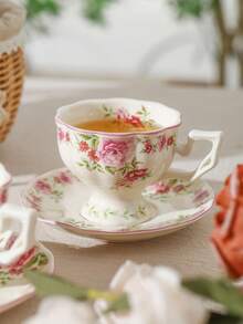 1 件套法式花卉咖啡杯碟套装，陶瓷材质，精致手绘玫瑰马克杯，创意精致的英式下午茶杯碟，适合女性，送给姐妹/朋友的礼物