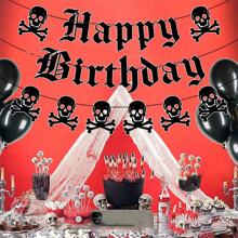 万圣节主题黑色骷髅花环吊旗，恐怖派对装饰，哥特式生日横幅 - 黑色闪光骷髅花环，适合尖叫派对和里程碑庆祝活动（20 岁、30 岁、40 岁），万圣节主题装饰