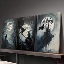 3pcs Dark Ghost Painting, Full Moon, Halloween Decorative Wall Arts Canvas Posters, Black Cat, Crow, Witch, Gothic Art HD Printing Optional Frame, Living Room, Bedroom Home Decoration Hanging Painting Room Decor - Multicolor - View 5