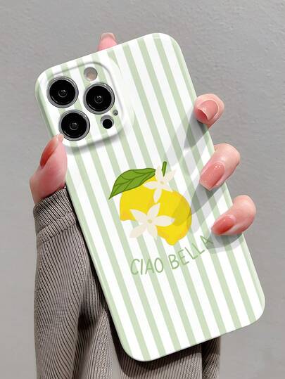Minimalist Striped Fashion Leather 1pc Striped Lemon Flower Pattern Perforated Glossy Faux Leather Full Protective Hard Phone Case Compatible With IPhone 11/12/13/14/15/16 Pro Max Waterproof Shockproof Anti-Fall Scratch Resistant Spring Gift Party