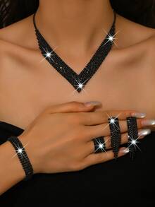 Fashion Wedding Dress Jewelry Set, Rhinestone Necklace, Earrings, Bracelet, Elastic Ring (Multiple Options Available For Matching)