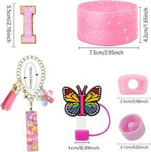 Juego de 6 accesorios para tazas de 30 y 40 oz, compatibles con la Copa , con dijes de letras para asa, funda de silicona, tapa de pajita y pegatina (Letra S) - Letra I - Ver 3