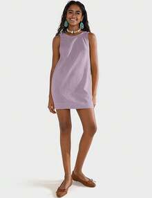 UEU Womens Summer Sleeveless Linen Dress Casual Crew Neck Open Back Short Sundress With Pockets - Purple - View 4