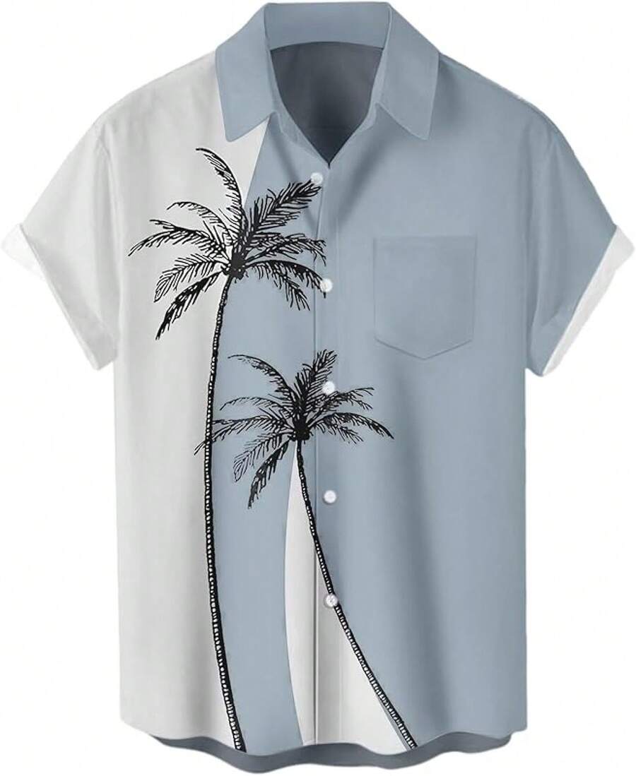 Men's Short Sleeve Button Up Hawaiian Shirt 1950s Vintage Bowling Shirts-20256688 - Hawaiian-grey and White - View 1