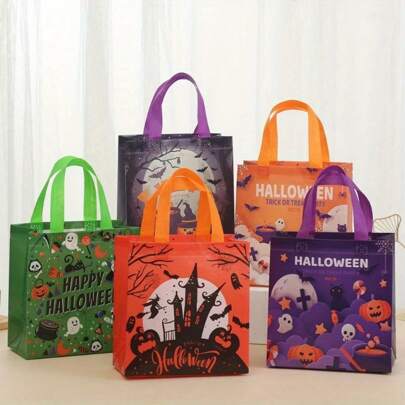 6pcs/Set Halloween Trick Or Treat Bags - Colorful Non-Woven Fabric, Foldable With Pumpkin Pattern, Suitable For Trick Or Treating, Parties, Gifts And Packaging