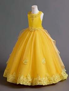 Flower Girl Dress Princess Puffy Tulle Dresses Bridesmaid Wedding Birthday Party Pageant Maxi Prom Gown For Kids - Màu vàng - Xem 2