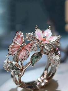 1 Stück eleganter, schimmernder Schmetterlings-Blumen-Tropf-Ring in Pink für Frauen