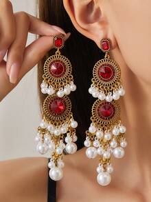 1 对夸张仿珍珠流苏耳环，南亚风格优雅女士耳环，时尚日常佩戴、派对和礼物 - 優雅女式誇張耳環 - 查看 4