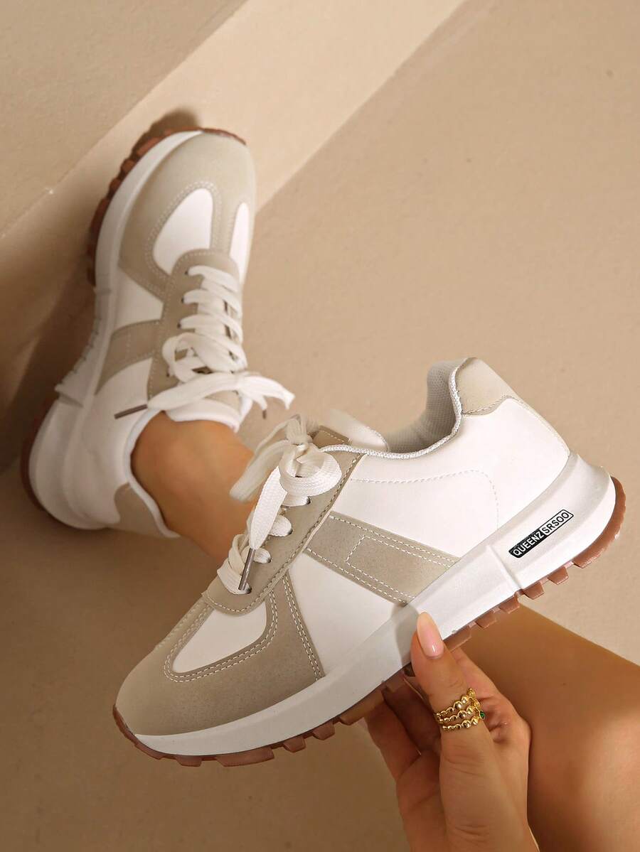 Women's Round Toe Lace-Up Thick Sole Student Casual Comfortable Sports Running Shoes - Khaki - View 1