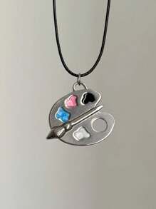 1pc Color Palette Hollow Pendant Necklace, Unisex Stainless Steel Leather Cord Fashion Punk Jewelry For Daily & Party Outfit