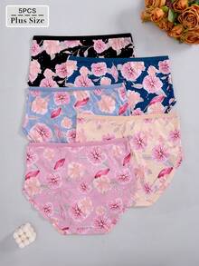 5 peças/pacote Calcinha de Maiô Bikini de Cintura Alta Confortável com Estampa de Girassol em Plus Size