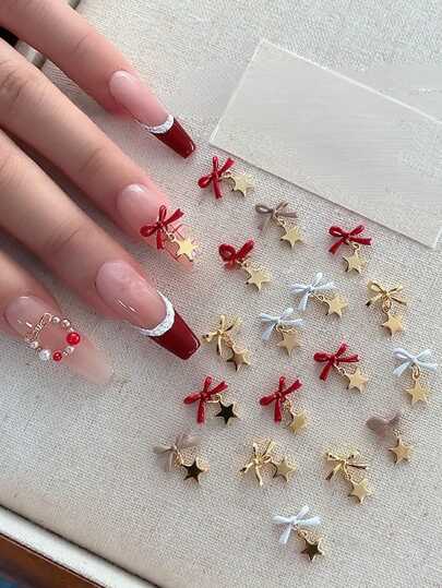 4/8/10件装圣诞蝴蝶结美甲饰品 新款高保色五芒星合金立体吊坠美甲饰品 随机混装