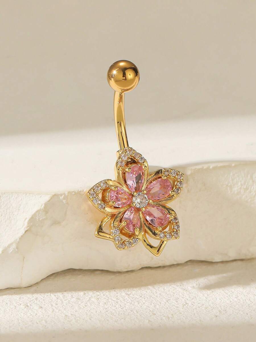 1pc Luxury 5-Petal Flower Design Stainless Steel Women's Elegant Shiny Synthetic Cubic Zirconia Teardrop Belly Button Ring - Ideal Birthday Gift For Family And Friends - Yellow Gold - View 1