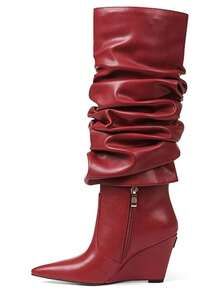 Winter Boots Women Slouched Ruched Fold Over Boots Covered Wedge Block Heel Knee High Punk Gothic Fashion Luxury Shark Shoes For Woman - 紅色 - 查看 6