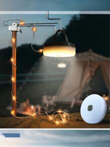 1 Piece Multi-Functional Warm Light/Color Light/Stepless Dimming Ultra-Thin Rechargeable Camping Light Outdoor-Style Plastic Material Circular Light Emitter With Attached String Lights Featuring SOS Mode And Timing Function USB Rechargeable Camping Light Set Suitable For Outdoor Camping And Nighttime Lighting Scenarios
