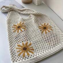 1pc Fashionable Jacquard Hollowed-Out Knitted Tote Bag With Chrysanthemum Pattern, Minimalist Floral Graphic Shoulder Bag For Summer, Airy Roomier Beach Bag Suitable For Women Everyday, Street, Vacation Travel, Great Gift