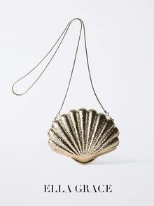 ELLA GRACE Shimmering Gold Textured Shell Chain Shoulder Bag Clutch - Adjustable Strap For Parties, Weddings, Dates, Galas, Prom, Cocktails, Vacations, Dimensional Evening Purse Unique Statement Piece - Gold - View 3