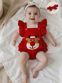 Baby Girl Christmas Outfit, Fly Sleeve Embroidery Elk Romper Overalls With Hairband For Casual Daily