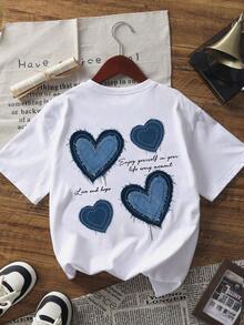 1件少女爱心印花短袖T恤，舒适时尚的夏季上衣，适合年轻学生