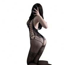 1Pc Sexy Lingerie, Black Crotchless Form-Fitting Bodysuit In French Seductive Style, Featuring Waist Cut-Out, Rose Patterns And Leg Garter-Like Details For Couple's Passionate Nights And Intimate Apparel.