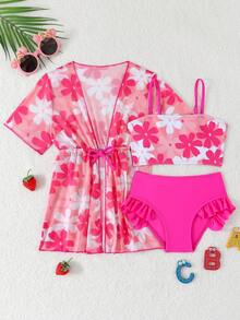 Pink Cherry Blossom & Fresh Green Floral Print Young Girls Bikini Set - Multicolor - View 1