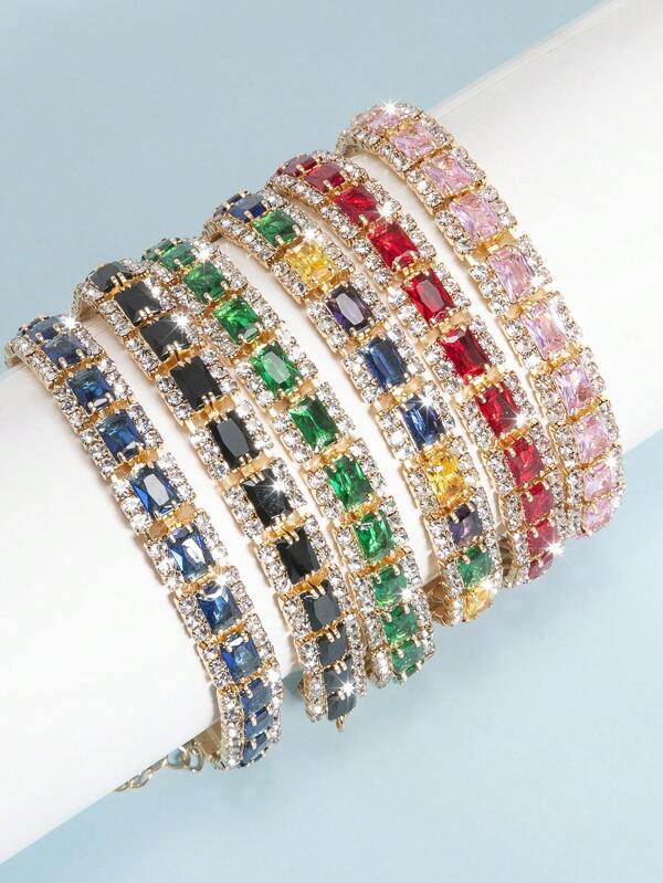1pc Luxury Fashionable Multi-Color Rectangular CZ Stone Chain Bracelet With Rhinestone Adjustable Women Daily Casual Vacation Accessory (Random Mixed CZ Stone Color)