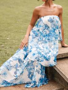 Women Summer Boho Strapless Maxi Dress 2025 Casual Sleeveless Off Shoulder Floral Ruffle Layered Party Long Dress Beach Sundress