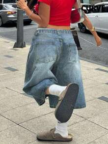 Quần short denim nữ cỡ lớn mùa xuân và mùa hè mới phong cách đường phố châu Âu và Mỹ cạp vừa không co giãn rộng rãi thường ngày cỡ lớn - Rửa trung bình - Xem 4