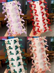 10pcs/Pack Girls' Cute & Delicate Versatile Mini Multi-Color Bowknot Pearl Decor Hair Clips