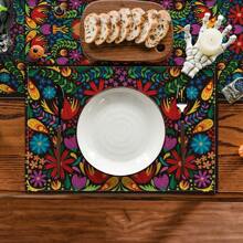 4pcs Mexican Flower Placemats For Dining Table, Floral Decoration Washable Table Mat, Home Decor, Holiday Supplies 32*42cm